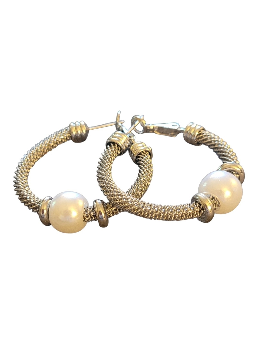 Silver-Tone Hoop Earrings with White Pearl Accent
